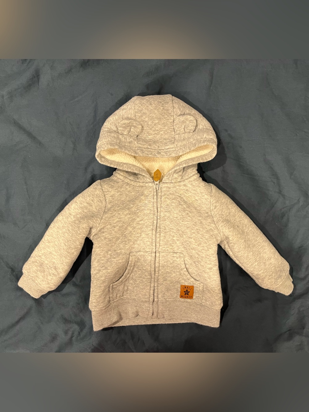 Carters Baby Hooded Zip Jacket Quiltrd Gray Fleece Lined 6-9 Months Bear Ears